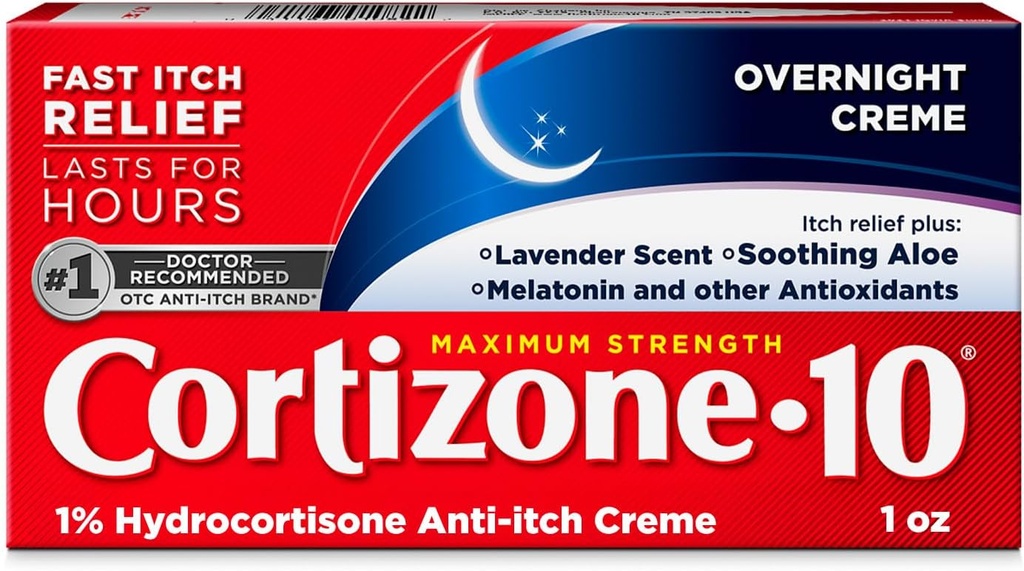 Cortizone-10 Strength Maximum Overnight Ditch Relief Cream, 1% Hydrocortisone, Fast-Acting, Lavande parfumé crème anti-Itch pour les piqûres de bug, Rash, Eczema, Psoriasis, Poison Ivy, Chêne, Sumac, 1 oz