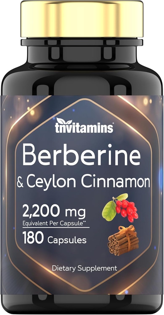 Berberine with Ceylon Cinnamon: 2200 mg Per Capsule - 180 Capsules | Natural Berberine Supplement for Cardiovasular & Circulatory System Health* | 6 Month Supply | Made in The USA!