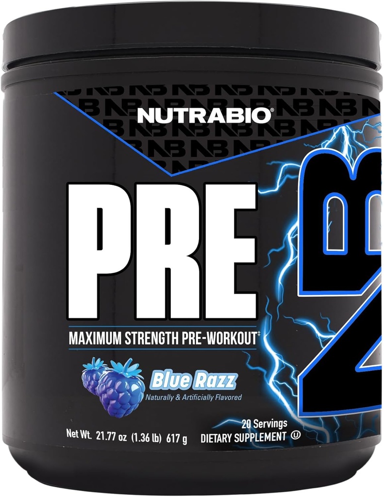 NutraBio Poudre de pré-entraînement, Blue Razz, Énergie Explosive, Laser Focus, Pompes Extrêmes.