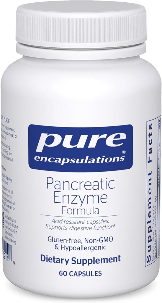 Encapsulations pures Formule enzymatique pancréatique - Enzymes digestifs pour la digestion - Renforce la santé de la peau* - Capsules de livraison ciblées - Sans gluten et sans OGM - 60 Capsules