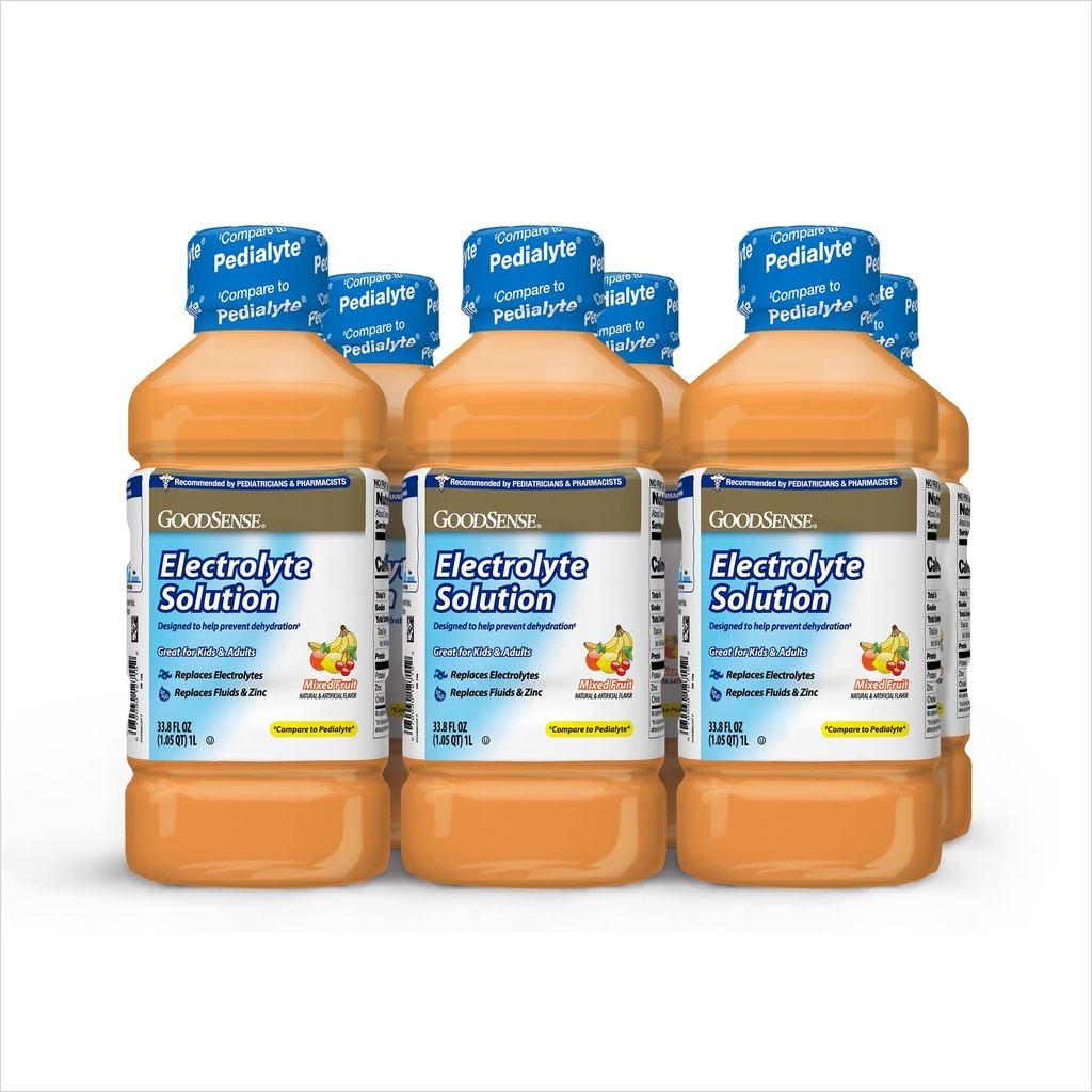 Solution d'électrolyte de fruits mélangés GoodSense - Remplace les électrolytes, les fluides et le zinc pour les enfants et les adultes, boisson d'hydratation pour la déshydratation, 33,8 onces de fluides (paquet de 6)