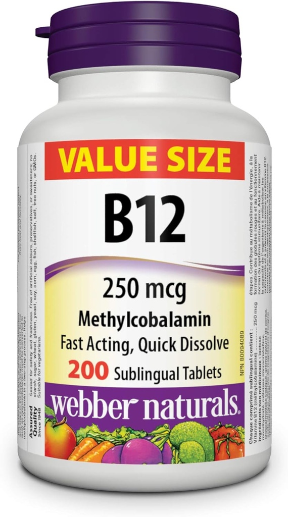 Webber Naturals Vitamine B12 250 mcg méthylcobalamine, 200 comprimés sublinguals