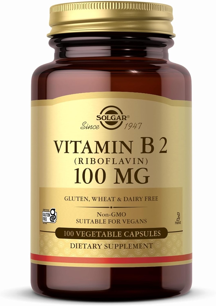Solgar Vitamin B2 (Riboflavin) 100mg - 100 Vegetable Capsules - Non-GMO, Vegan, Gluten Free, Dairy Free, Kosher - 100 Servings