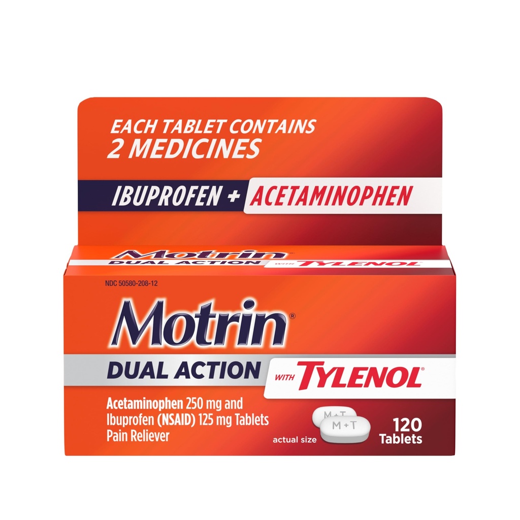 Motrin Dual Action avec Tylenol, Ibuprofène et acétaminophène Action rapide double soulagement de la douleur pour les douleurs mineures, Ibuprofène (NSAID) 125 mg et acétaminophène 250 mg, 120 ct