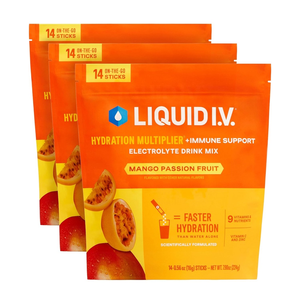 Liquid I.V.® Hydration Multiplier +Immune Support - Mango Passionfruit | Electrolyte Powder Drink Mix | 3 Pack (42 Servings)