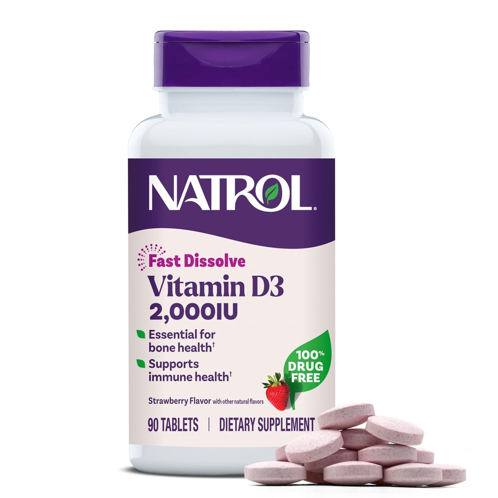 Natrol rapide Dissolve vitamine D3 2 000 UI, supplément alimentaire pour la santé des os et des articulations, supplément de soutien des os, 90 comprimés, 90 jours d'approvisionnement