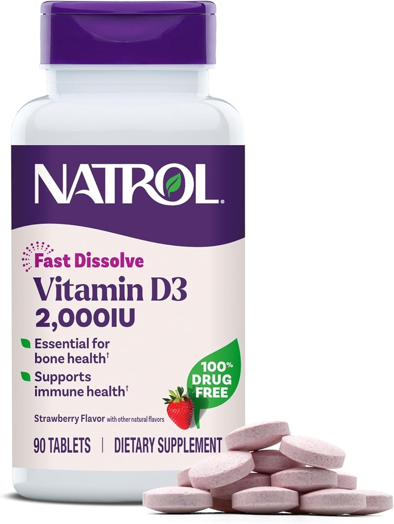 Natrol rapide Dissolve vitamine D3 2 000 UI, supplément alimentaire pour la santé des os et des articulations, supplément de soutien des os, 90 comprimés, 90 jours d'approvisionnement