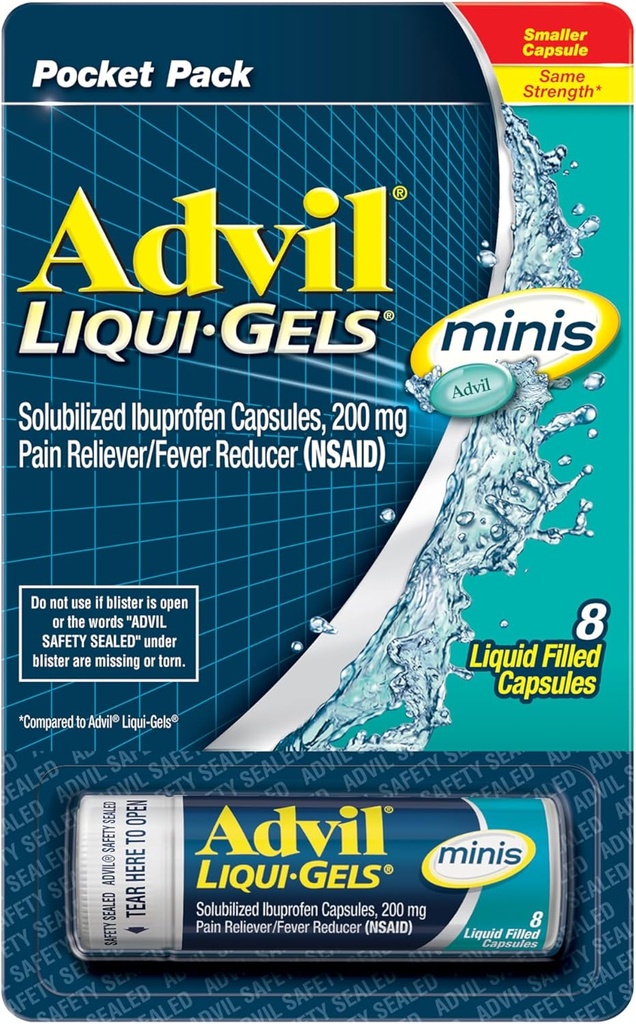 Advil Liqui-Gels minis anti-douleur et réducteur de fièvre, anti-douleur pour adultes avec Ibuprofène 200mg pour soulager la douleur - 8 Capsules remplies de liquide
