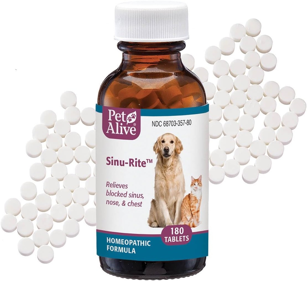 PetAlive Sinu-Rite Cat and Dog Nasal Relief - Comprimés homéopathiques - Soutient un soulagement temporaire de la congestion du sinus, du nez runny, de la pression faciale - Traitement des éternuements du chien et du chat - 180 Compte