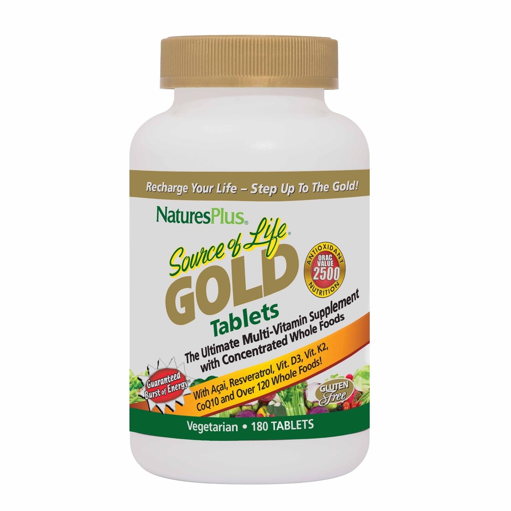 Natures Plus Source de vie Multivitamine d'or - 180 comprimés - Soutien sanguin, os, système immunitaire sain - Comprend les vitamines D3, B12, K2 et plus de 120 nutriments alimentaires entiers - 60 portions