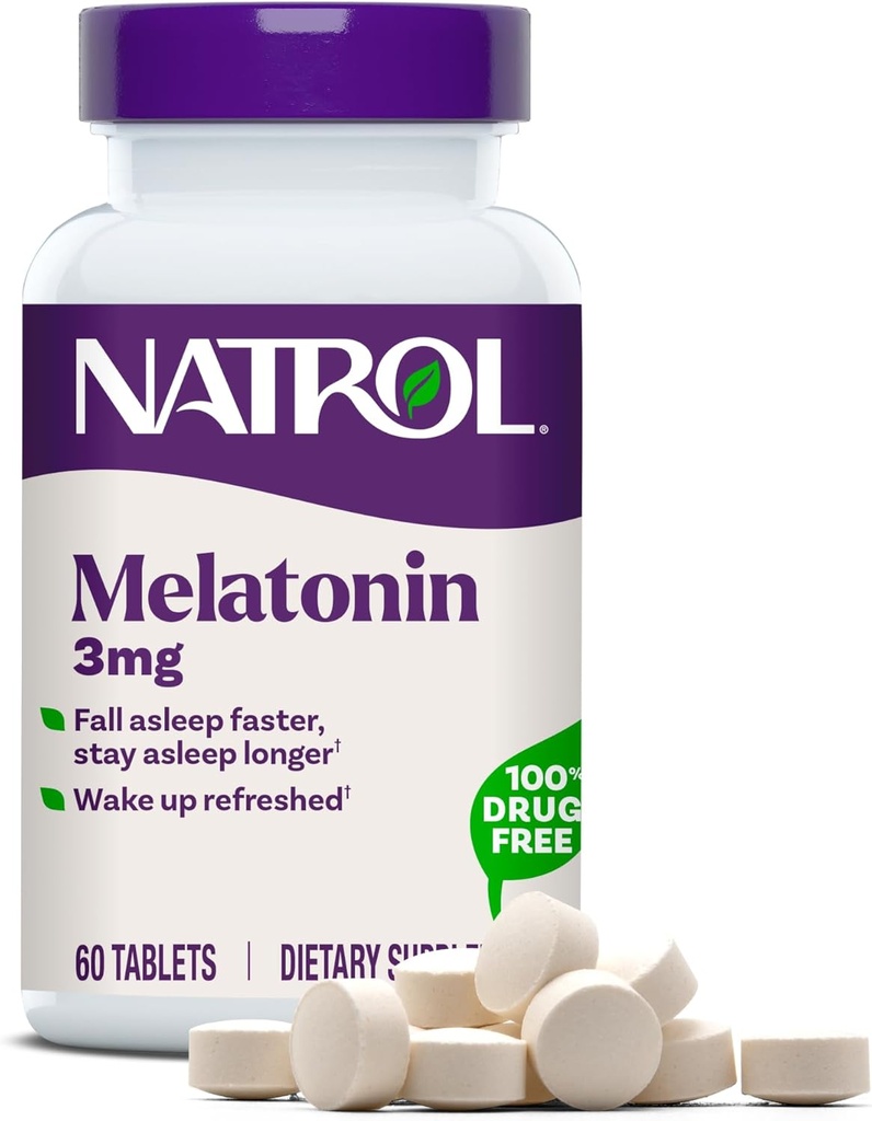 Natrol Melatonin 3 mg, supplément alimentaire pour le sommeil reposé, suppléments de sommeil pour adultes, 60 comprimés de mélatonine, 60 jours d'approvisionnement