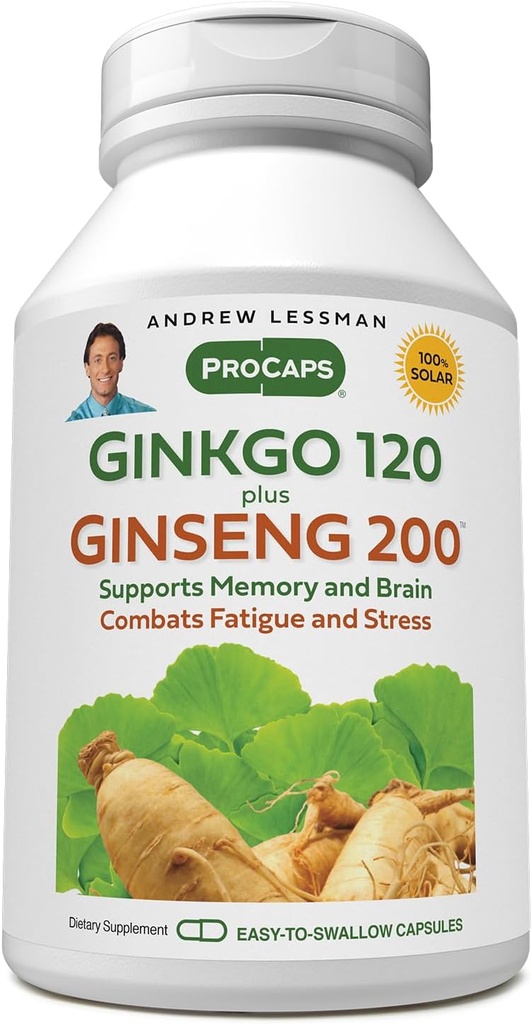 ANDREW LESSMAN Ginkgo 120 Plus Ginseng 200mg - 60 Capsules - Mélange d'extrait normalisé pour soutenir le cerveau, la mémoire et la fonction cognitive. Adaptogène, combat le stress et la fatigue. Aucun additif