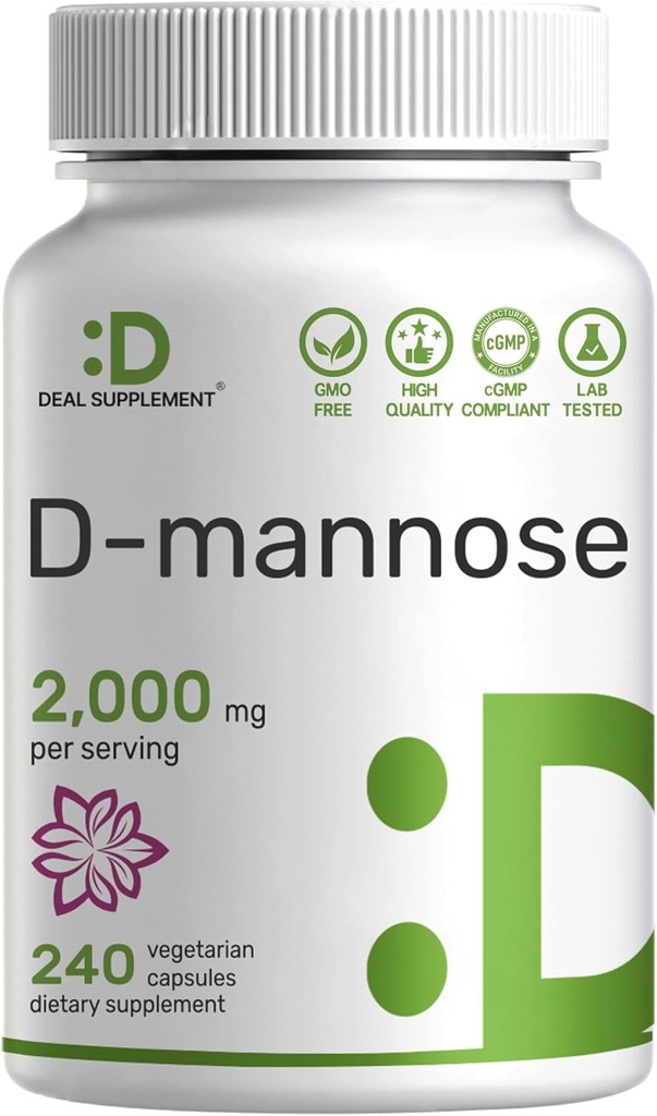 SUPPLÉMENT DE DÉLAI D Mannose 500mg Capsules (2 000mg par portion), 240 Pilules de Veggie – Forme soluble dans l'eau à action rapide – Extra Strength Urinary Tract (UTI) Amiable