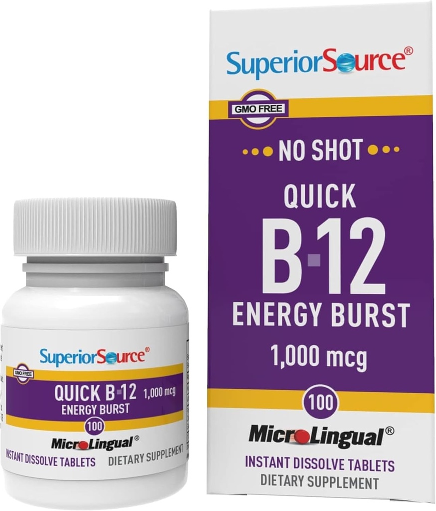 Superior Source NO Shot Quick Energy Burst B-12 1 000 mcg - Supplément de support du système nerveux Premium - Non-OGM et sans gluten - 100 comprimés à dissolution instantanée microLinguale