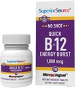 Superior Source NO Shot Quick Energy Burst B-12 1 000 mcg - Supplément de support du système nerveux Premium - Non-OGM et sans gluten - 100 comprimés à dissolution instantanée microLinguale