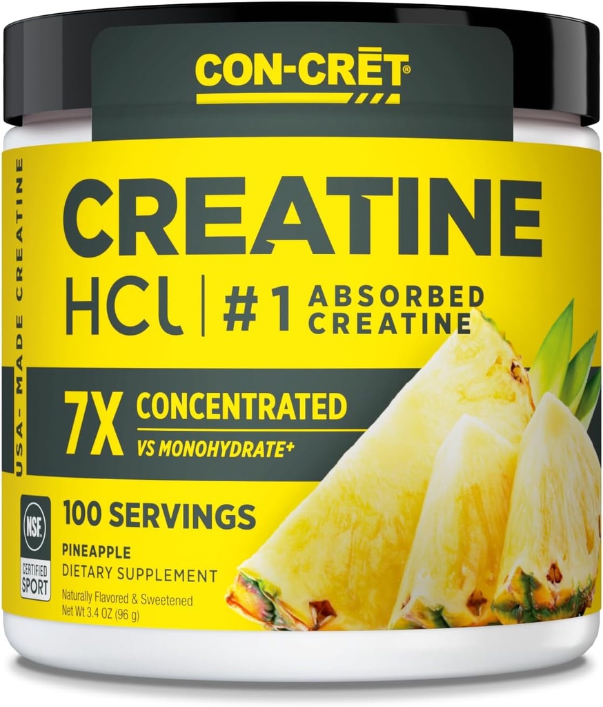 CON-CRET Creatine Powder HCl , Muscle, Cognitive, Cellular Energy Support , Pas de bloom ou de crampes , USA Made & NSF Certifié Ananas (100 Serving)