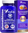 Supplément réduit de glutathion 1000mg - Capsules de glutathion fabriquées aux États-Unis avec de la vitamine C et du chardon de lait pour le foie, le soutien de la peau et le bien-être immunitaire - 60 Compte