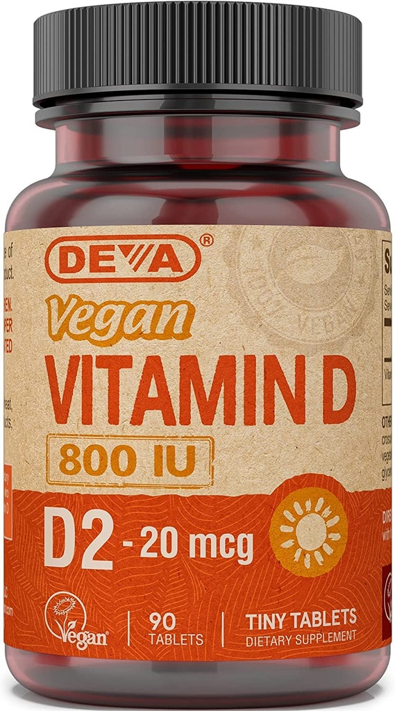DEVA Vitamine végétale D2 800 UI, supplément d'ergocalciférol sans ingrédients animaux, 90 comprimés, 1 emballage