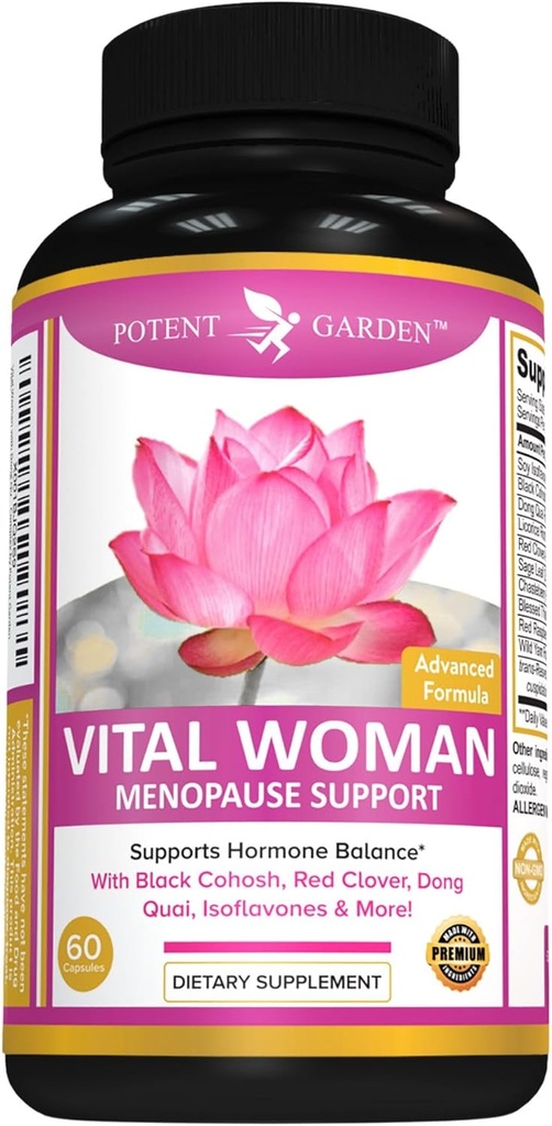 Potent Garden Ménopause Supplément de secours avec Cohosh noir, Isoflavones de soja, et Don Quai, Hot Flash Relief & Sweat Relief pour les femmes, non-OGM, 60 capsules, 30 portions