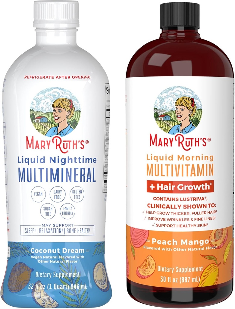MaryRuth, la nuit Multiminérale (Coconut, 32oz) & Multivitamine liquide + croissance des cheveux (Peach Mango, 30oz)