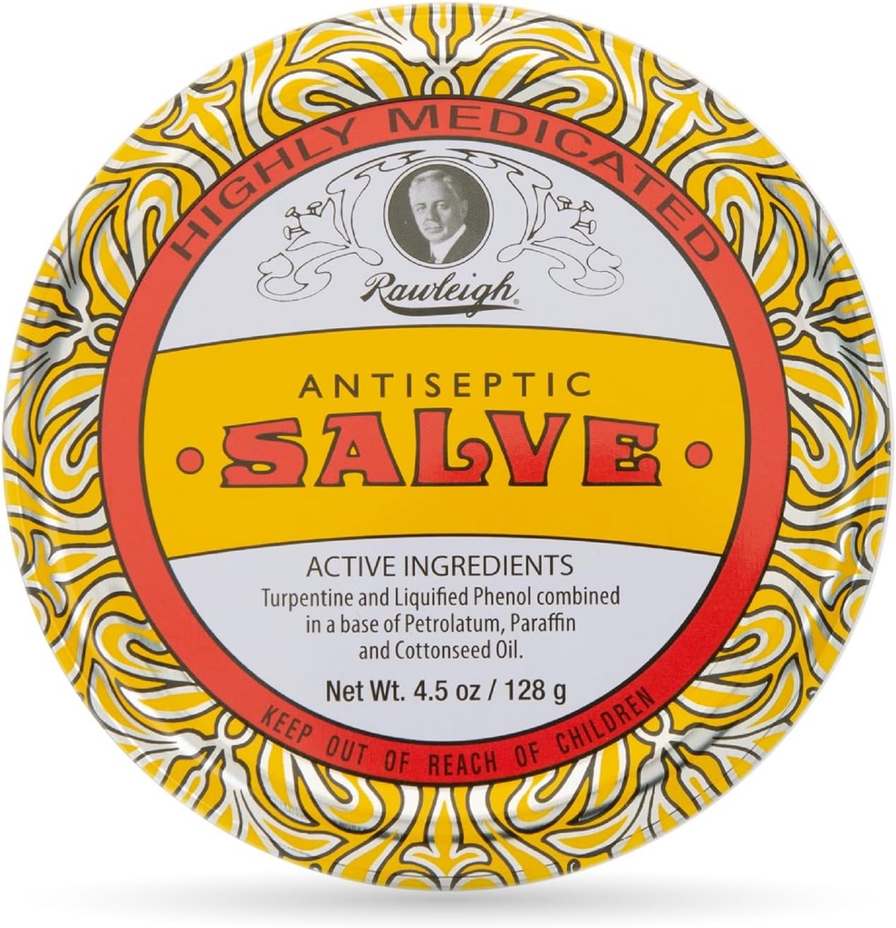 Rawleigh Antiseptic Salve Iconic Yellow Big Tin: 4.5 oz, naturel, onguent multi-pose apaise la peau Coupes, Bruises, Irritations, avec la Turpentine, Phénol, Huile de graines de coton, Formule originale - Pack de 1