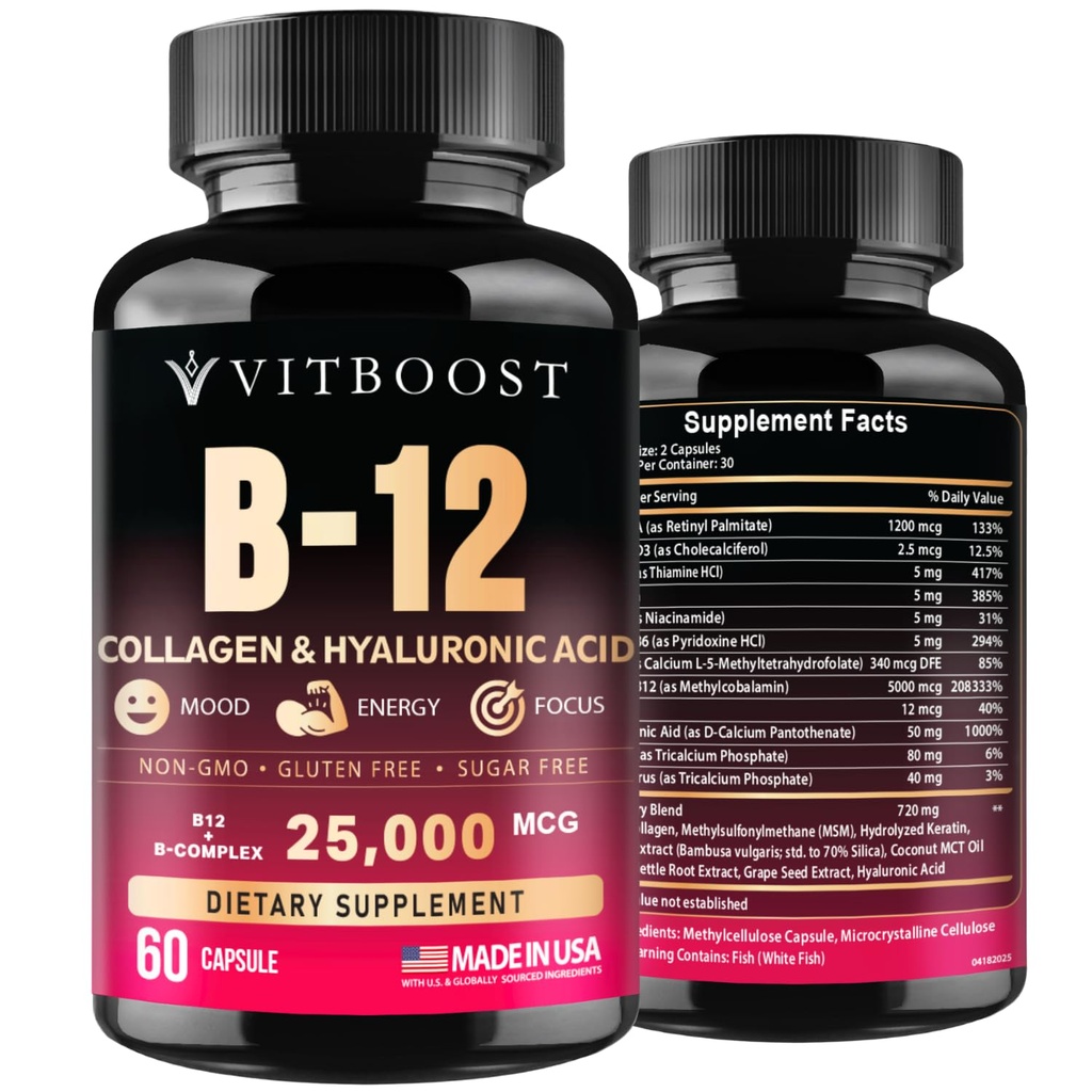 B12 avec l'acide hyaluronique, le collagène et le folate – 25000 mcg Complexe B12