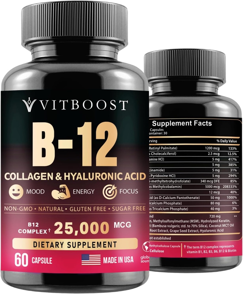 B12 avec l'acide hyaluronique, le collagène et le folate – 25000 mcg Complexe B12