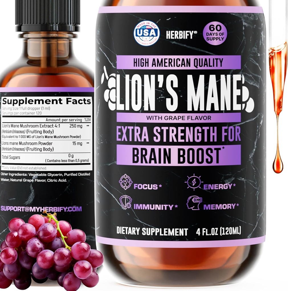 HERBIFY Lions Mane Supplement - Daily Mushroom Supplement for Memory, Focus & Clarity - Brain Booster - Lions Mane Tincture for Immune Support - 4 Fl oz Grape Flavor