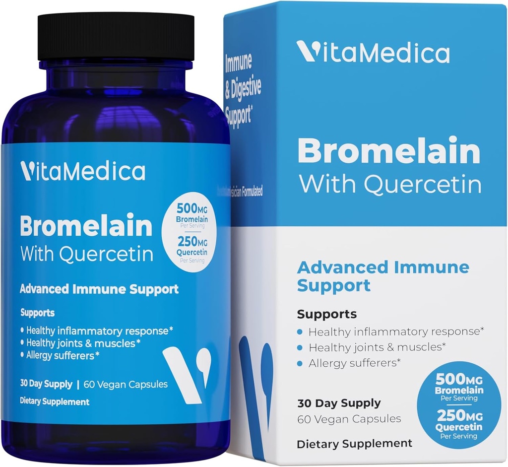 VitaMedica Bromelain & Quercetin Supplément - 500mg Bromelain 250mg Quercetin - 2400 GDU pour l'immunité, le soutien articulaire, l'inflammation et la récupération musculaire - 60 Capsules Vegan - 30 portions