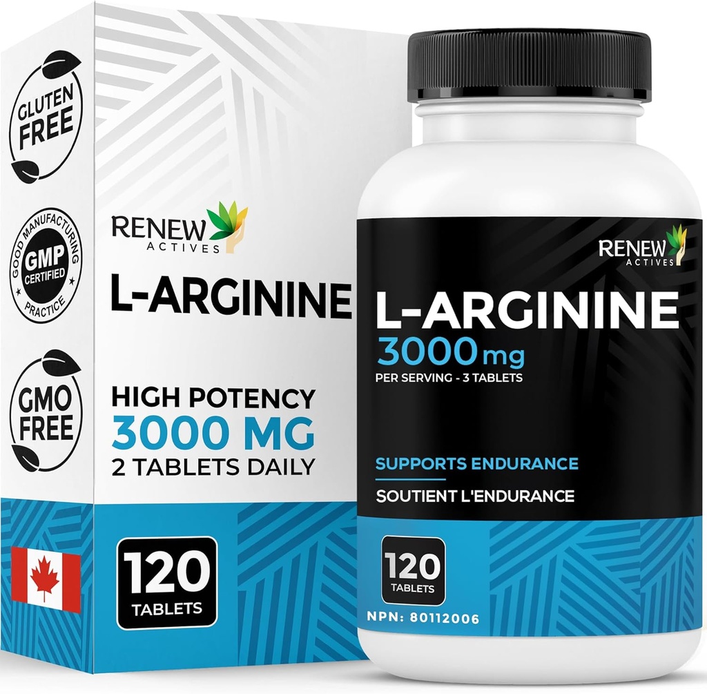 Renew Actives L-Arginine Supplement 1000MG for Serving - Strength & Endurance, Essential for Protein Synthesis & Muscle Function, Physical Performance Booster - Made in Canada - 120 Tablets