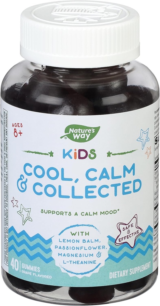 Nature's Way Kids Cool & Calm Gummies, Supporte une humeur calme chez les enfants 8 ans et plus*, Baume de citron, Magnésium, Vitamine B6, L-Theanine, Saveur de raisin, Végétarien, 40 comte (Paquetage May Vary)