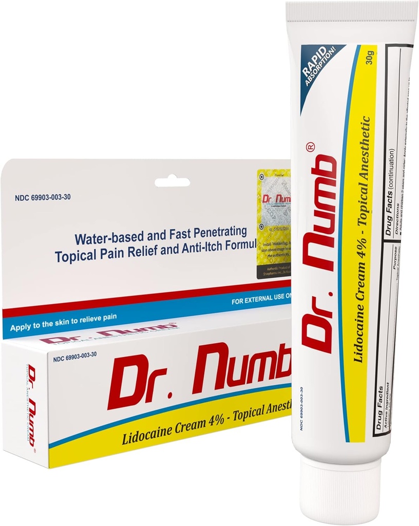 Dr Numb 4% Crème de Lidocaine – Anorectale topique pour soulagement temporaire de l'hémorroïde et du malaise local – avec vitamine E – 30g (1 paquet)