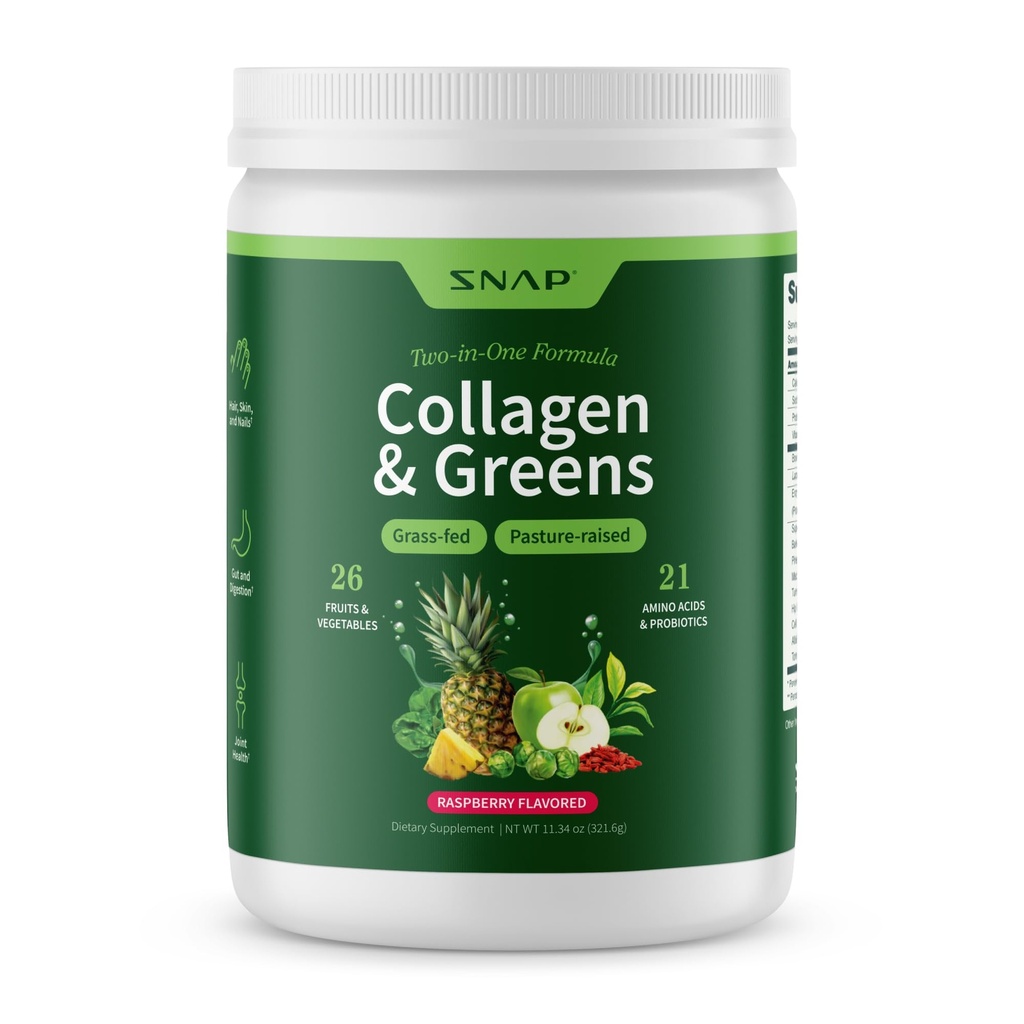Snap suppléments Super Greens poudre avec collagène peptides, 26 fruits et légumes, herbacé, non-OGM vert quotidien pour cheveux, peau, ongles et soutien articulaire, 11.34 oz, (30 portions, 1 mois d'approvisionnement)