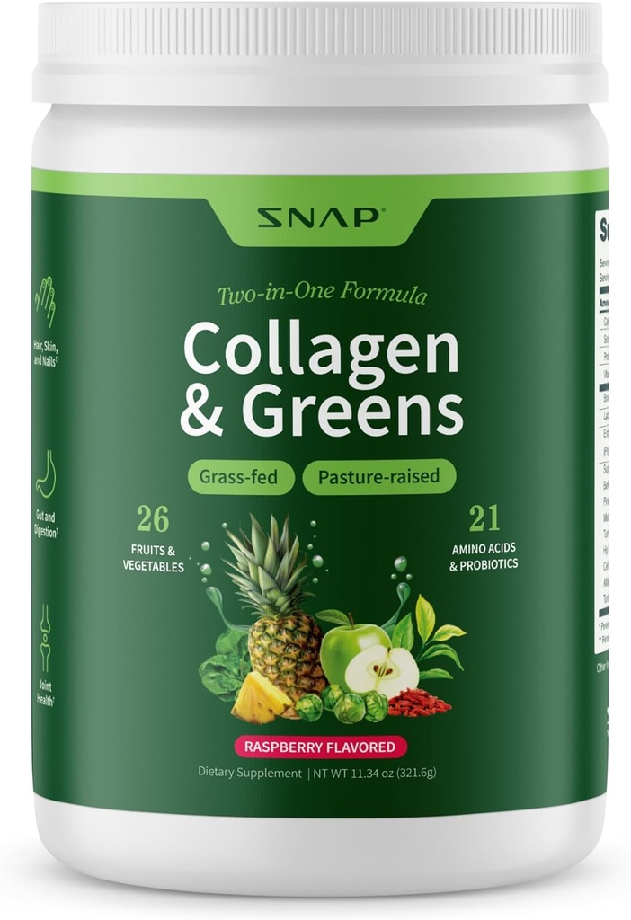 Snap suppléments Super Greens poudre avec collagène peptides, 26 fruits et légumes, herbacé, non-OGM vert quotidien pour cheveux, peau, ongles et soutien articulaire, 11.34 oz, (30 portions, 1 mois d'approvisionnement)