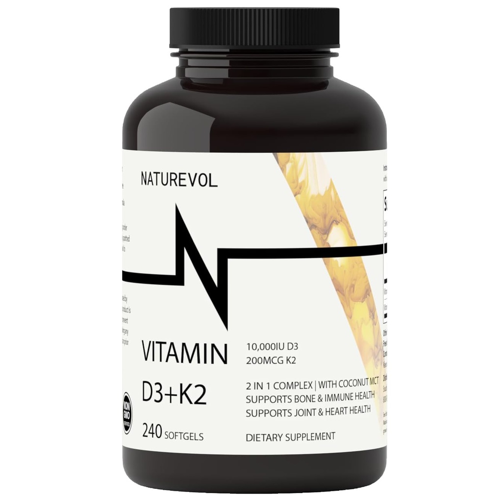 Vitamine D3 + K2 avec huile de coco - D3 10,000 UI & K2 (MK-7) 200 mcg.