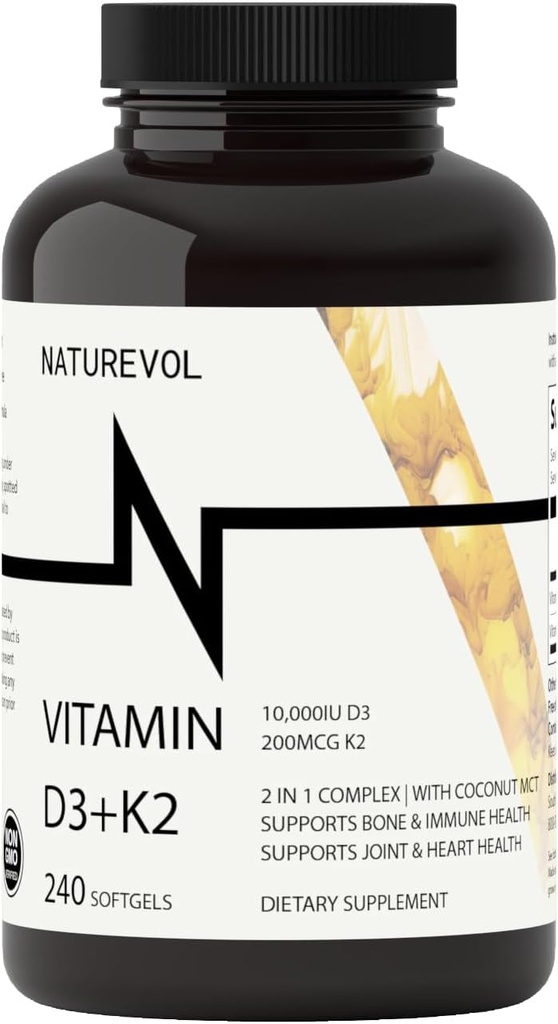 Vitamine D3 + K2 w/Virgin Coconut MCT Oil - D3 10000 UI & K2 (MK-7) 200 μg 2-en-1 Bone, Immune & Heart Support - Facile à avaler, non-OGM, sans gluten et sans soja - Mini Softgels (240 portions)