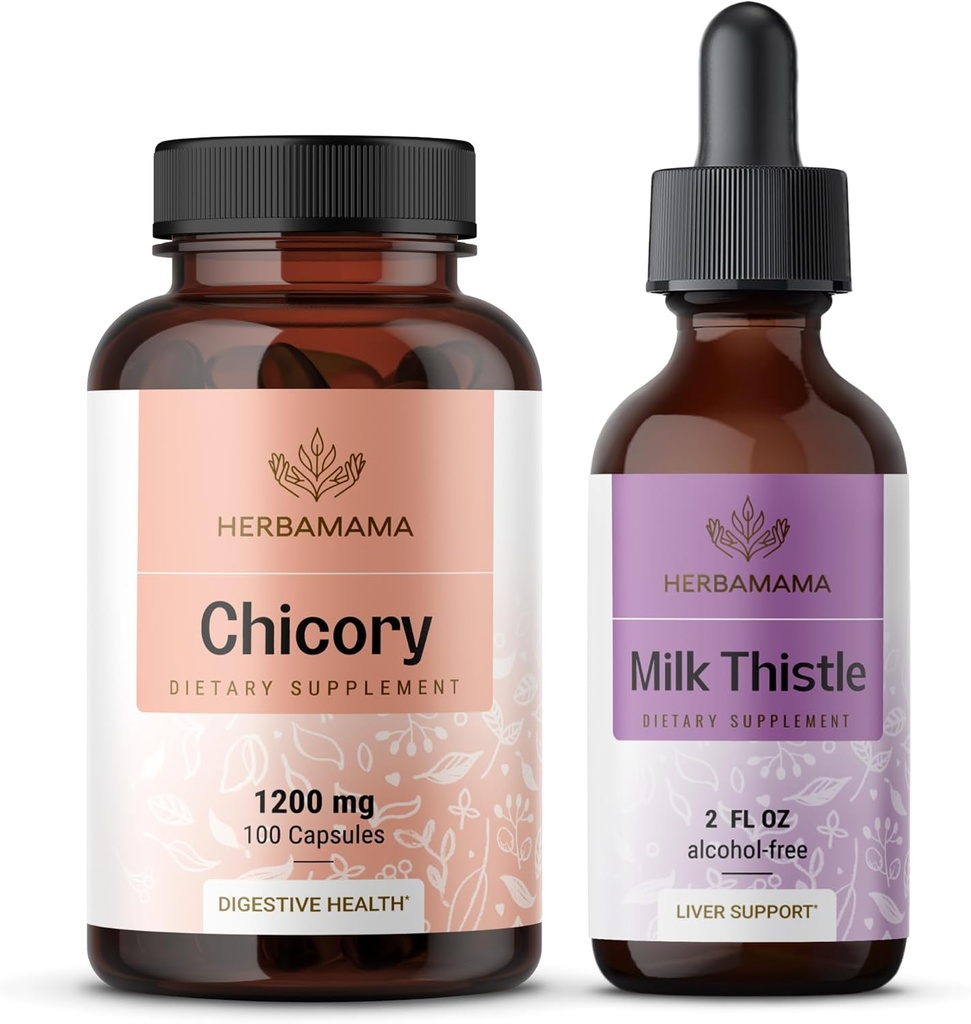 HERBAMAMA Chicory and Lait Thistle Kit - Ensemble de 1200 mg Chicory Root Capsules & Lait Thistle Teinture 2 fl oz - Vegan, non-OGM, sans sucre et sans alcool - 2 Pack