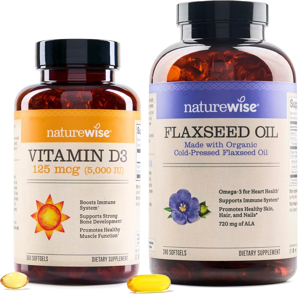 NatureWise Vitamine D3 5000iu (125 mcg) 1 an d'approvisionnement pour la fonction musculaire saine, et le soutien immunitaire Huile de lin biologique Max 720mg ALA.