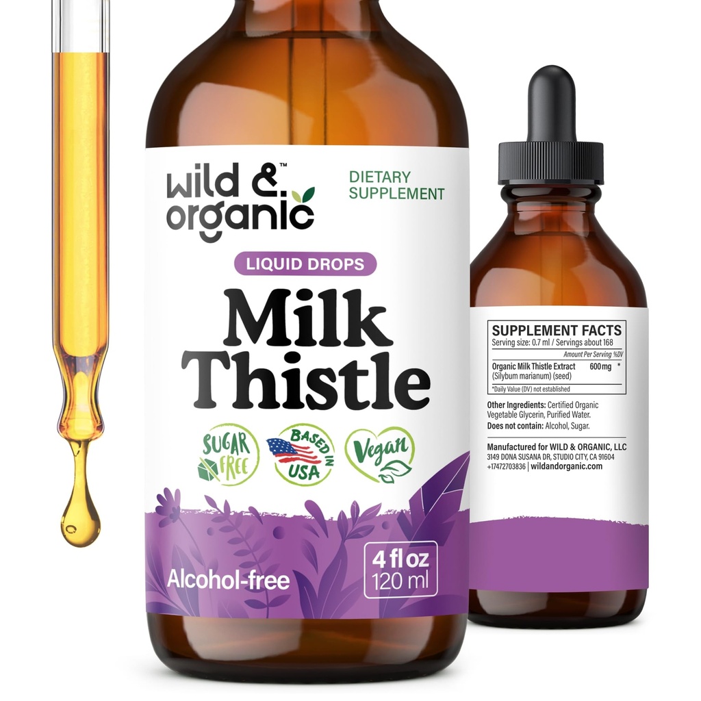 Lait sauvage et biologique gouttes liquides de chardon - Nettoyez le foie Détox - Silymarin Lait supplément de chardon pour le soutien du foie - Ajouter au thé - Silybum Marianum Extrait de graines de marianum Teinture - Sucre et sans alcool - 4 oz