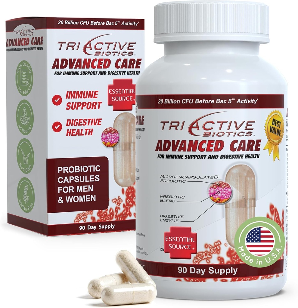 Source essentielle Biotiques TriActives Soins avancés - 20 milliards CFU Probiotiques pour la santé digestive, Supplément de soutien immunitaire, Probiotiques microencapsulés pour les femmes et les hommes, 90 Ct Capsules