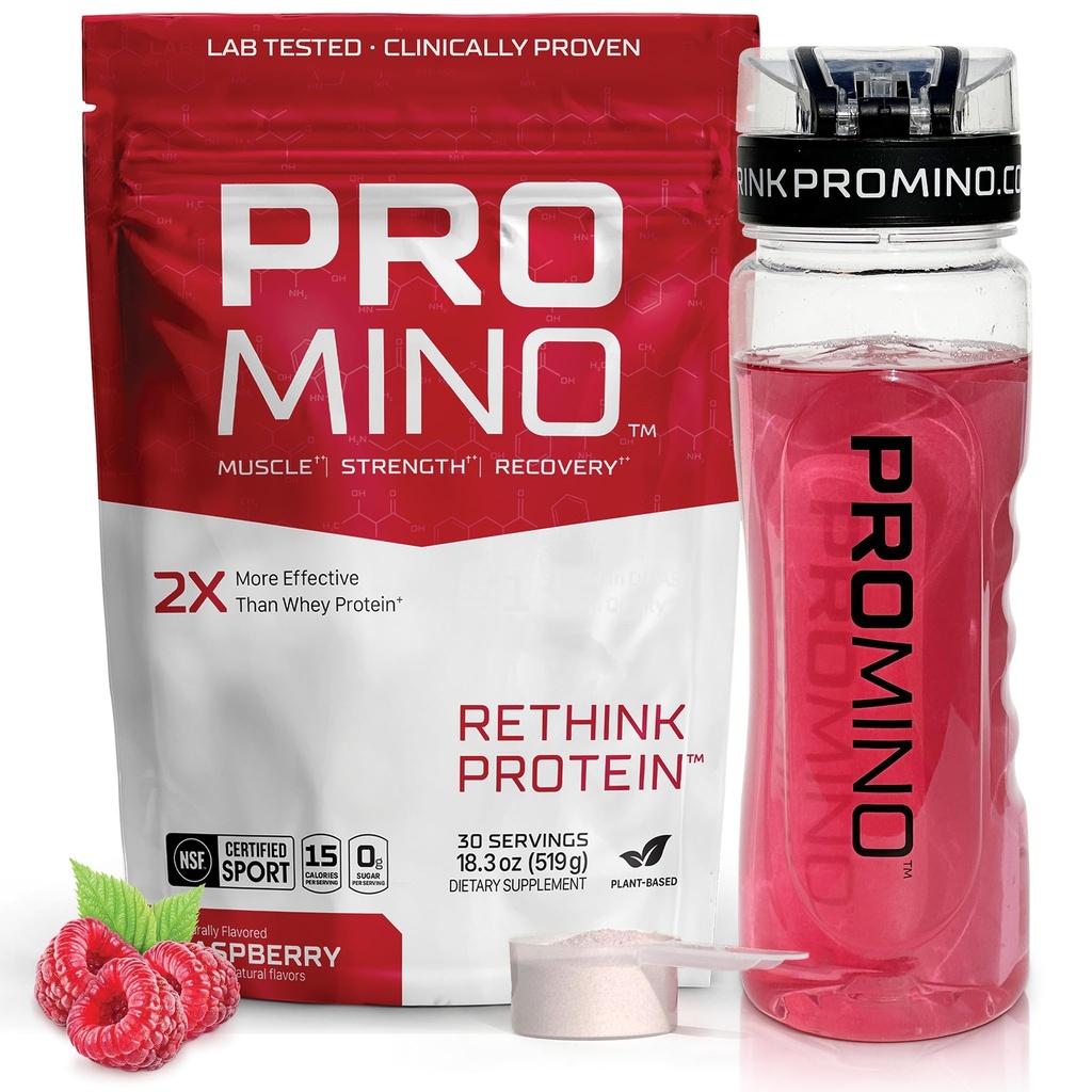 Boissons musculaires essentielles à l'acide amino Promino® – 2X plus efficaces que lactosérum – Certifié NSF pour le sport – Carburant de récupération sans sucre – Framboise, 30 portions