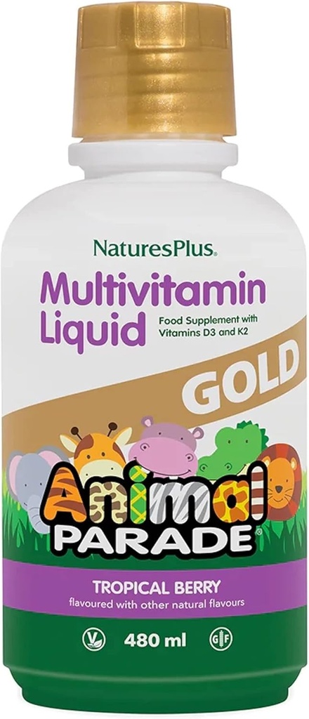 NaturesPlus Animal Parade Gold Children's Liquid Multivitamin, 16 fl oz - Natural Tropical Berry Flavor - Immune Support Supplement - Gluten Free, Vegan - 32 Servings