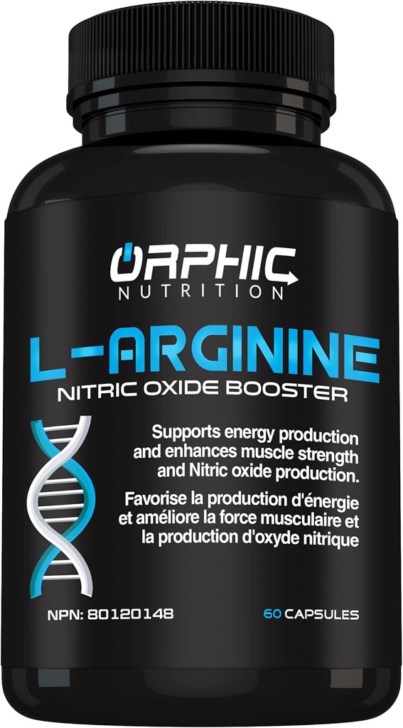 NUTRITION ORPHIQUE L Supplément Arginine pour hommes 1000mg+ - 60 Capsules - L Supplément Citrulline et Oxyde Nitrique pour soutenir la santé musculaire, l'exercice Endurance, la vasculaire, la santé cardiaque, les niveaux d'énergie*