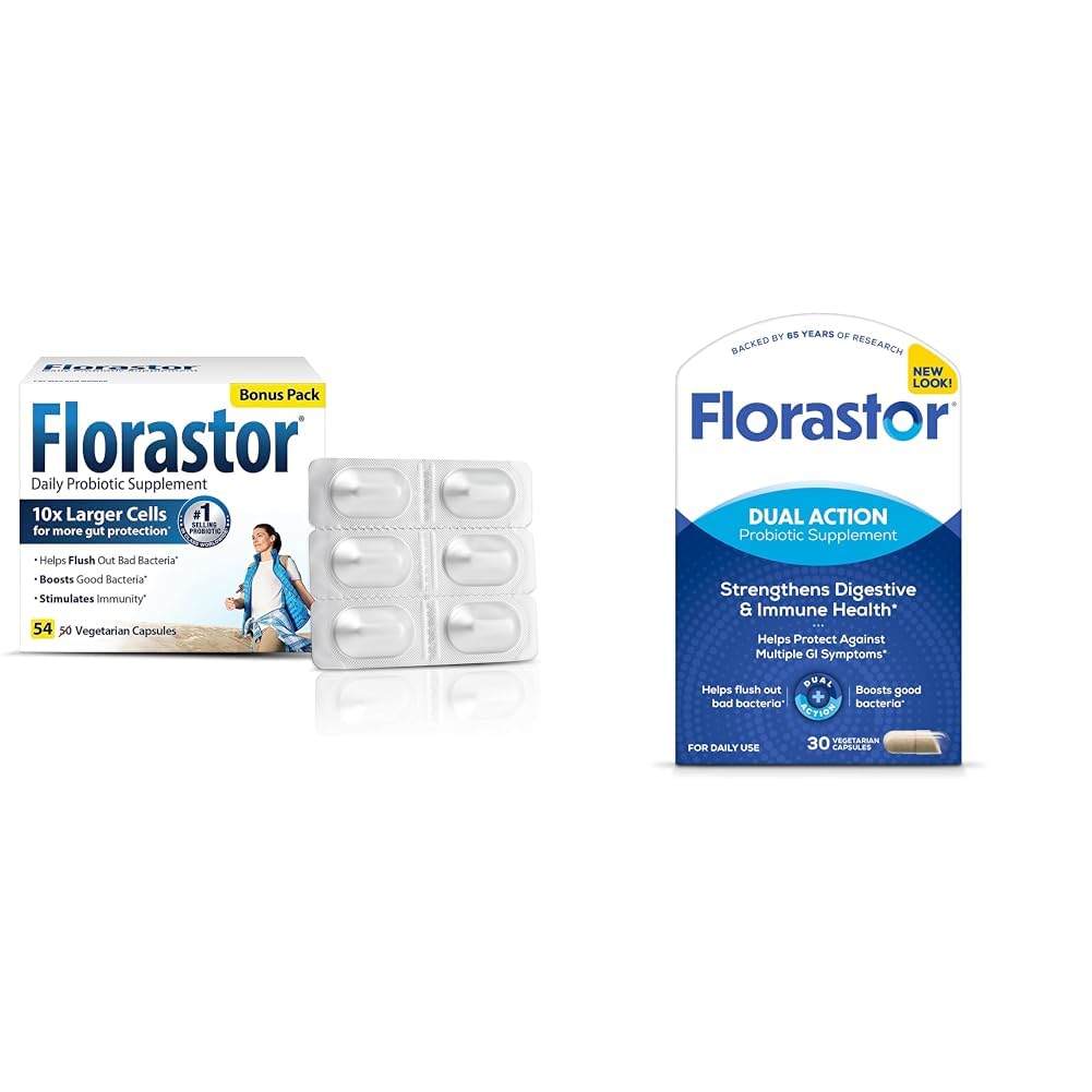Florastor Probiotiques Digestive & Immmune Health Bundle avec 54 et 30 Capsules, Probiotiques pour les femmes et les hommes, aide à écraser les mauvaises bactéries et stimule bien avec Saccharomyces Boulardii CNCM I-745 souche