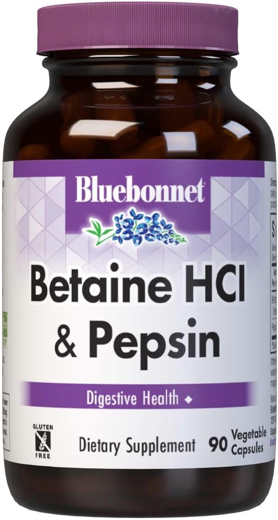 BlueBonnet Betaine HCI Plus Pepsin Vegetarian Capsules, 90 Count