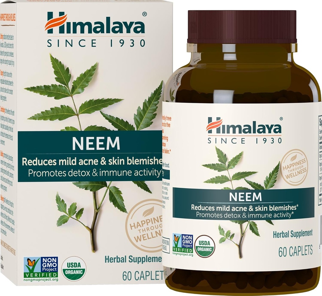Himalaya Neem biologique, 60 jours d'approvisionnement - suppléments d'acné à base de plantes soutenant la peau claire et la détox - USDA biologique, végétalien, non-OGM, sans gluten, 600 mg, 60 capsules