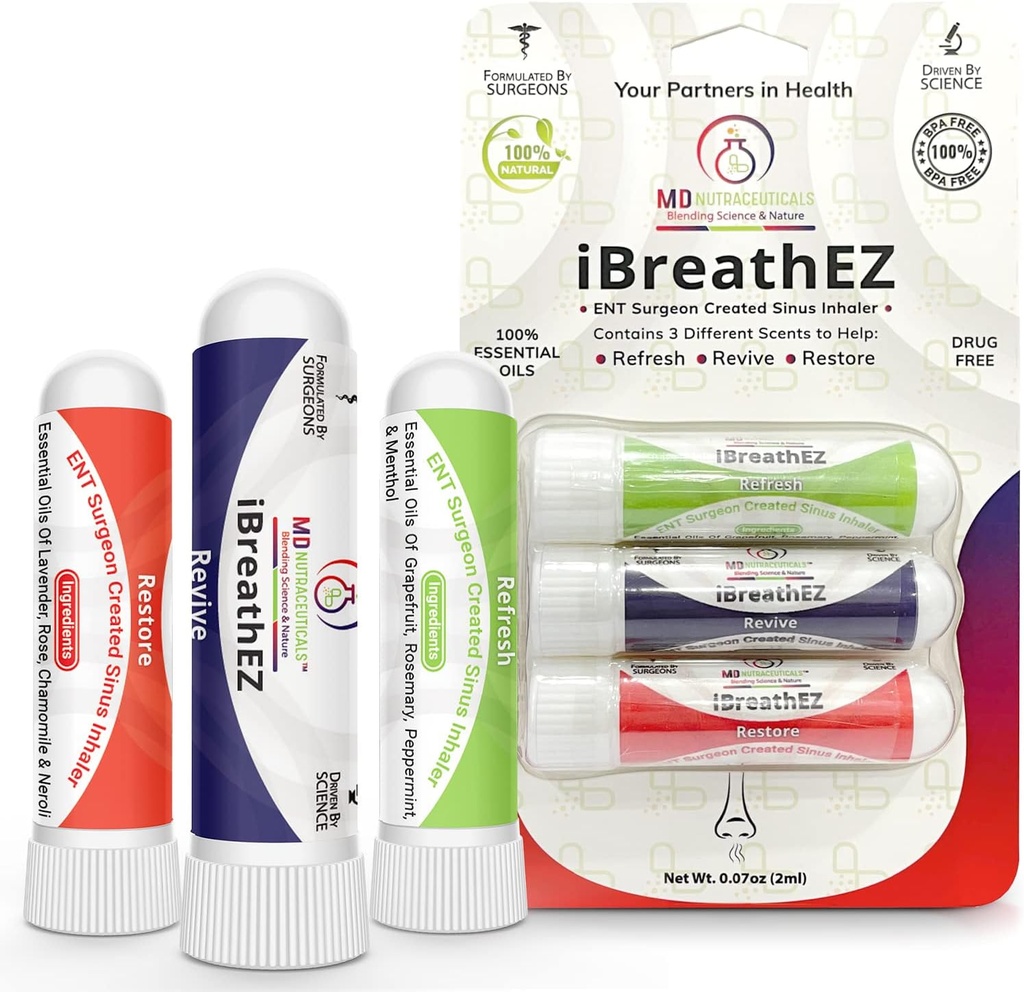 iBreathEZ Nasal Sinus Inhaler Kit formulé par des chirurgiens ENT avec des huiles essentielles pour l'énergie, le stress, la décongestion et le froid ou le soulagement de l'allergie (3 pack)