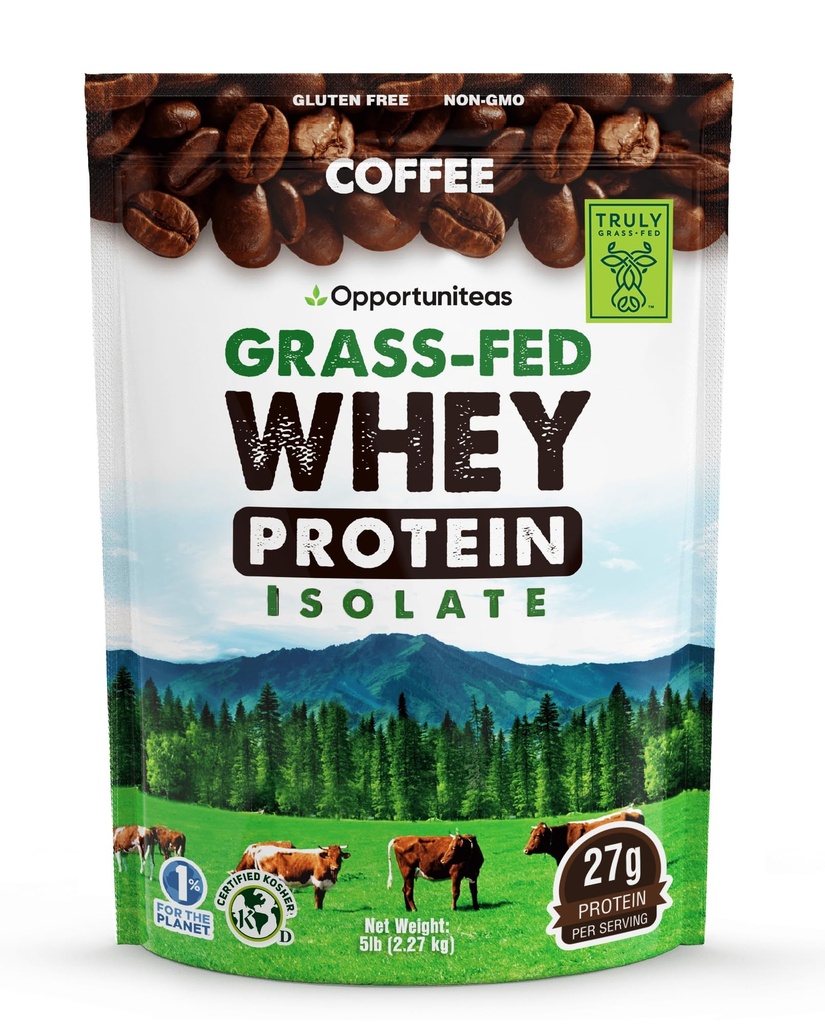Opportuniteas Café herbe Fed Poudre Isolée aux protéines - 27g Poudre aux protéines sans édulcorants artificiels, 60mg de caféine, vaches sans hormones - 5lb