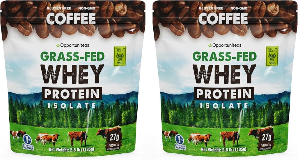 Opportuniteas Grass Fed Coffee Whey Protein Isolate Powder - 27g Protein Powder Without Artificial Sweeteners, 60mg Caffeine, Hormone-Free Cows - 5lb