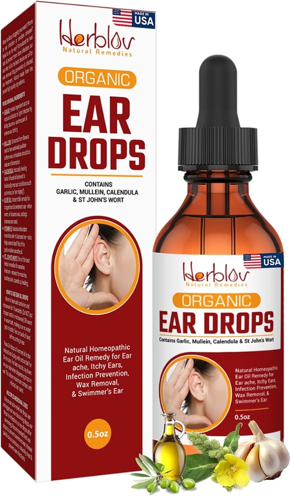 Huile d'oreille biologique pour les infections de l'oreille - Earrops naturels pour la prévention des infections, l'enlèvement de l'oreille et de la cire de Swimmer - Enfants, Adultes, Bébé, Dog Earache Remède - avec Mullein, Ail, Calendula, Fabriqué aux États-Unis